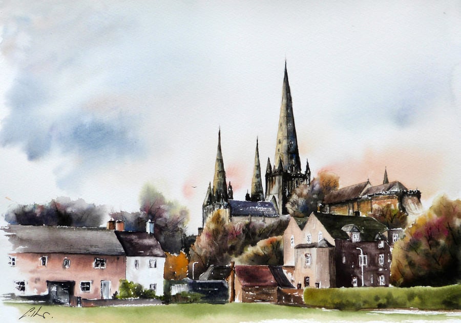 Lichfield Cathedral, Original Watercolour Painting.