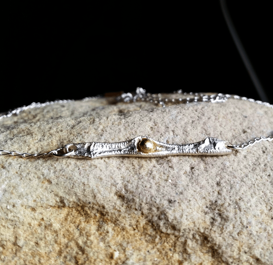 SALE Fine Silver Twig Bar Necklace with Little Gold Seed