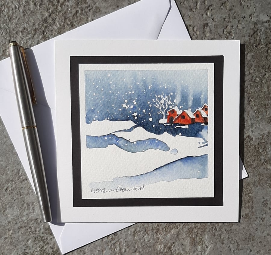 Winter Snowscene With Cottages. Blank Handpainted Christmas Card
