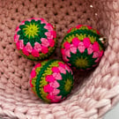 Set of 3 crochet Christmas baubles -  pink and green