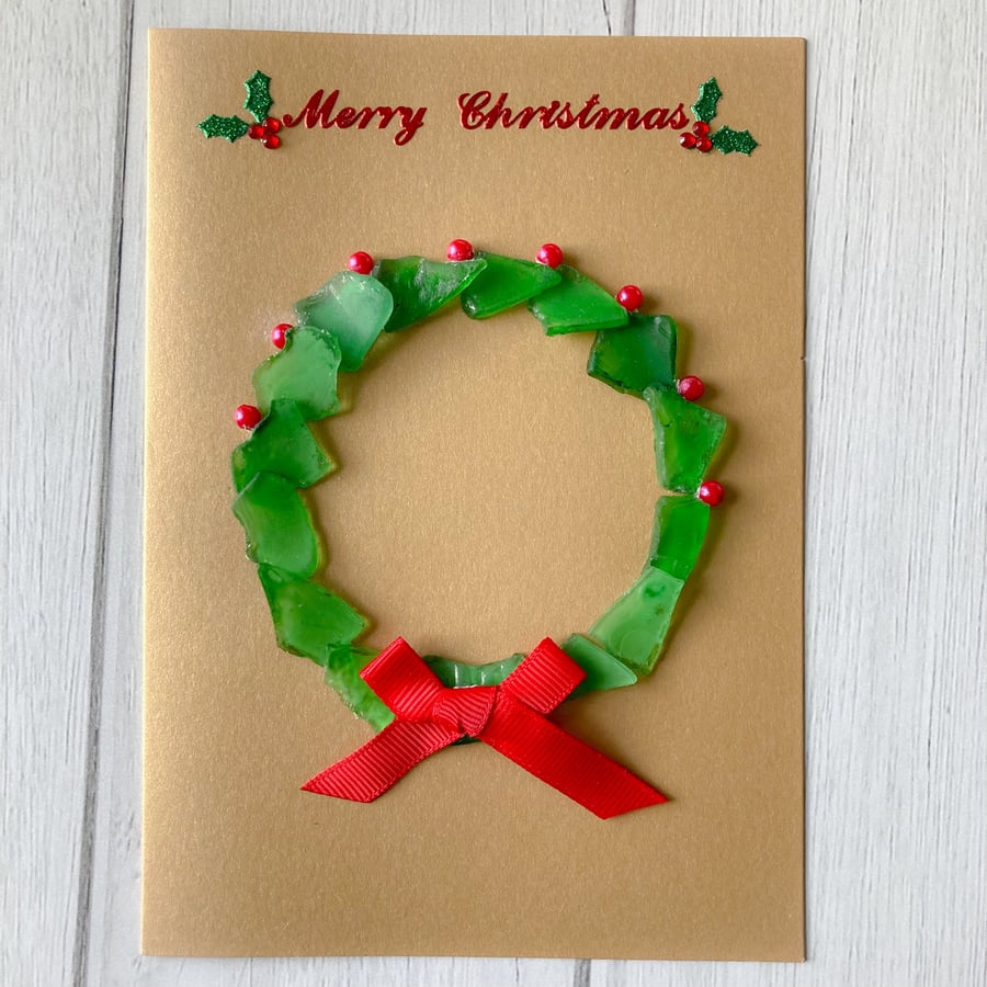 Handmade ‘holly wreath’ Christmas card with Cornish Sea glass 