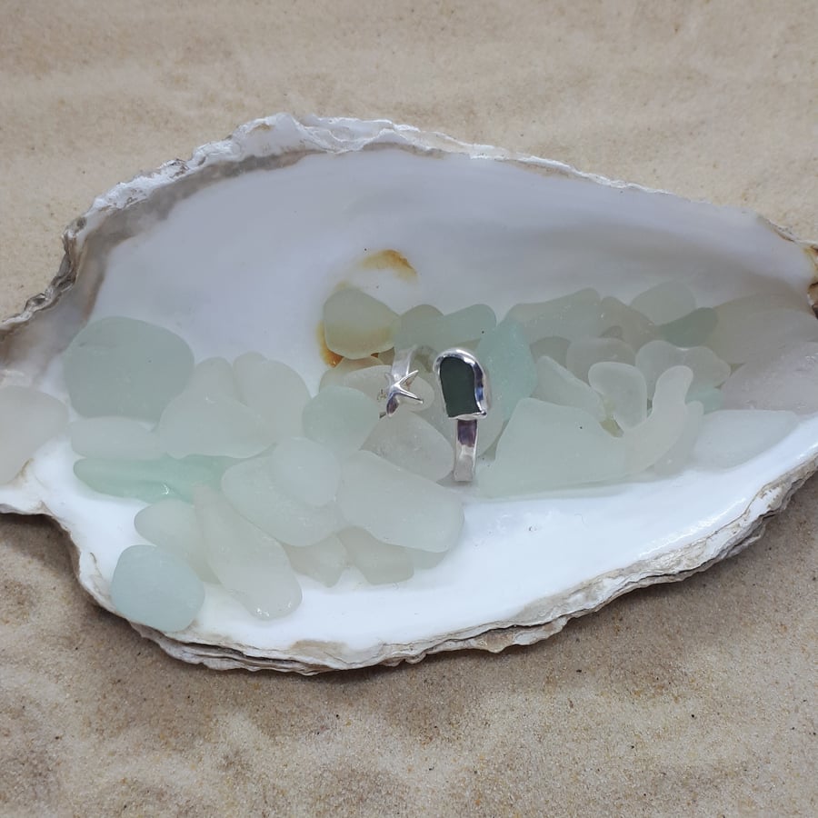 Sage green sea glass and starfish adjustable ring 