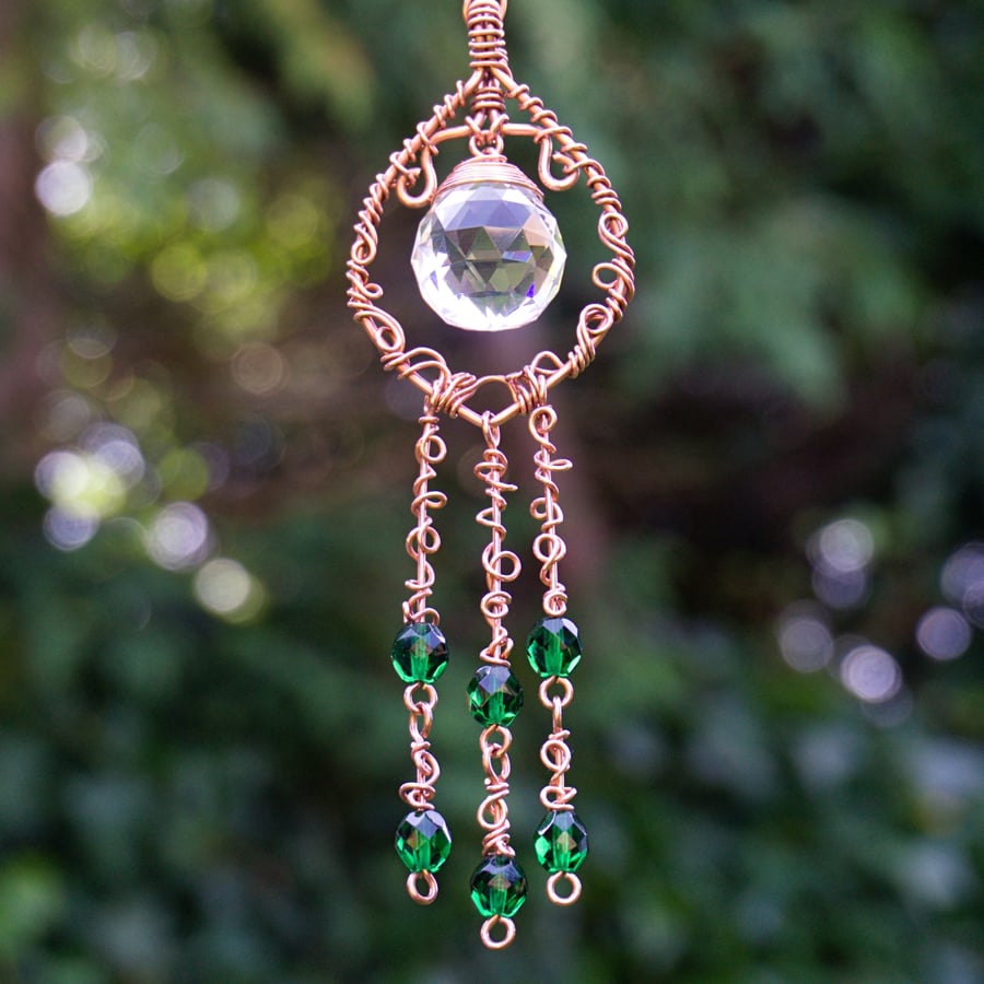 Rainbow Crystal Copper Window Hanging with Beaded Dangles