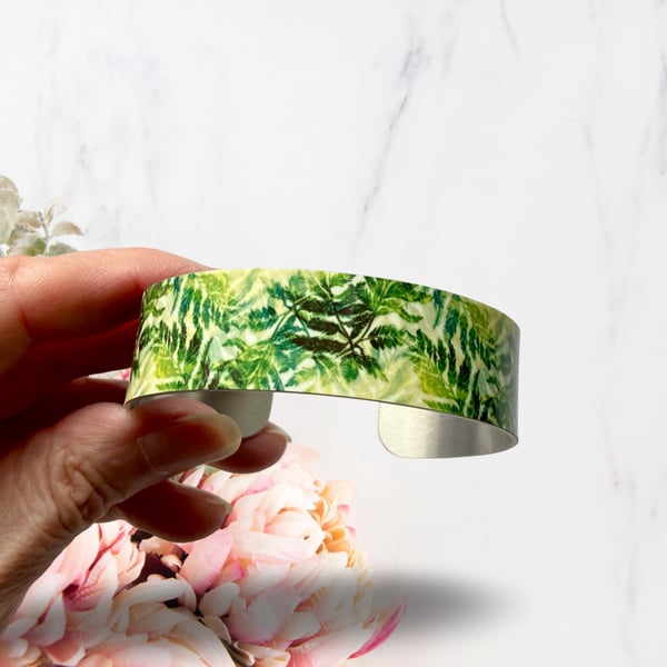 SALE green fern leaf bangle, floral metal cuff bracelet. Perfectly imperfect
