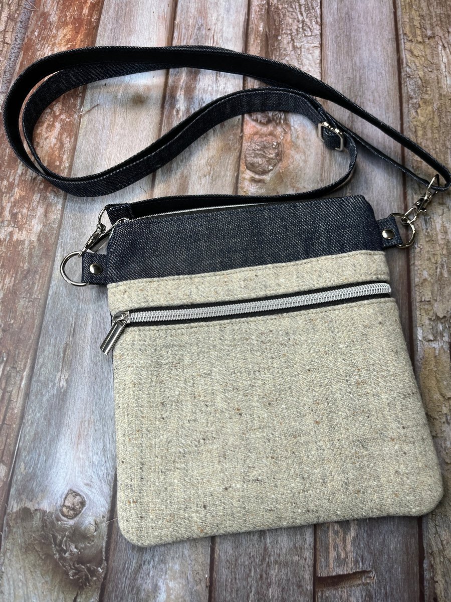 Natural Beige Cream Wool Tweed Crossbody Bag, Denim Tweed Slim Bag, Tweed Handba