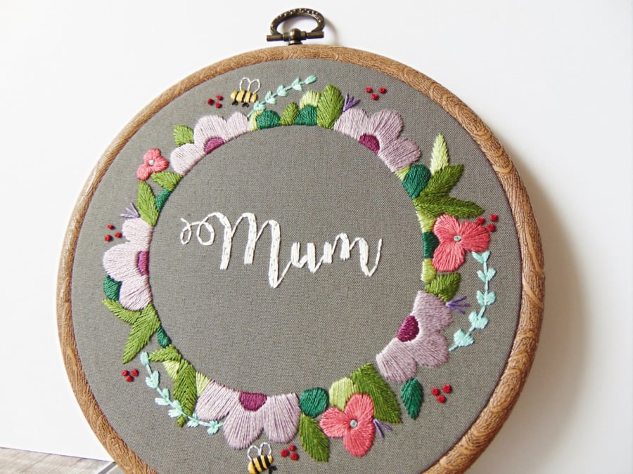 Floral Mum Hoop - Gift For Mum, Mothers Day, Hand Stitched