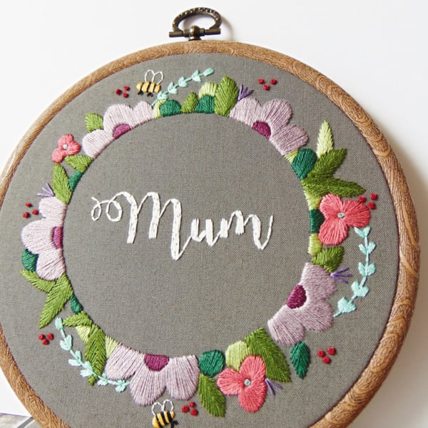 Floral Mum Hoop - Gift For Mum, Mothers Day, Hand Stitched