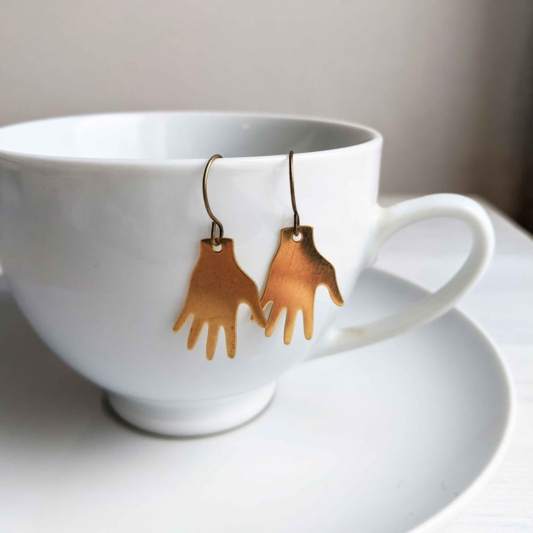 Hand earrings - golden brass hand shapes - palmistry - nickel free