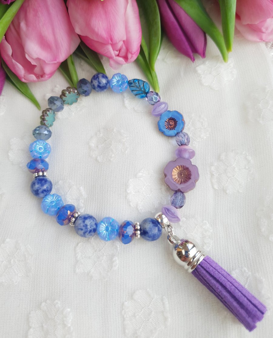 Blue & Purple Flower & Tassel Mixed Bead Stretch Bracelet