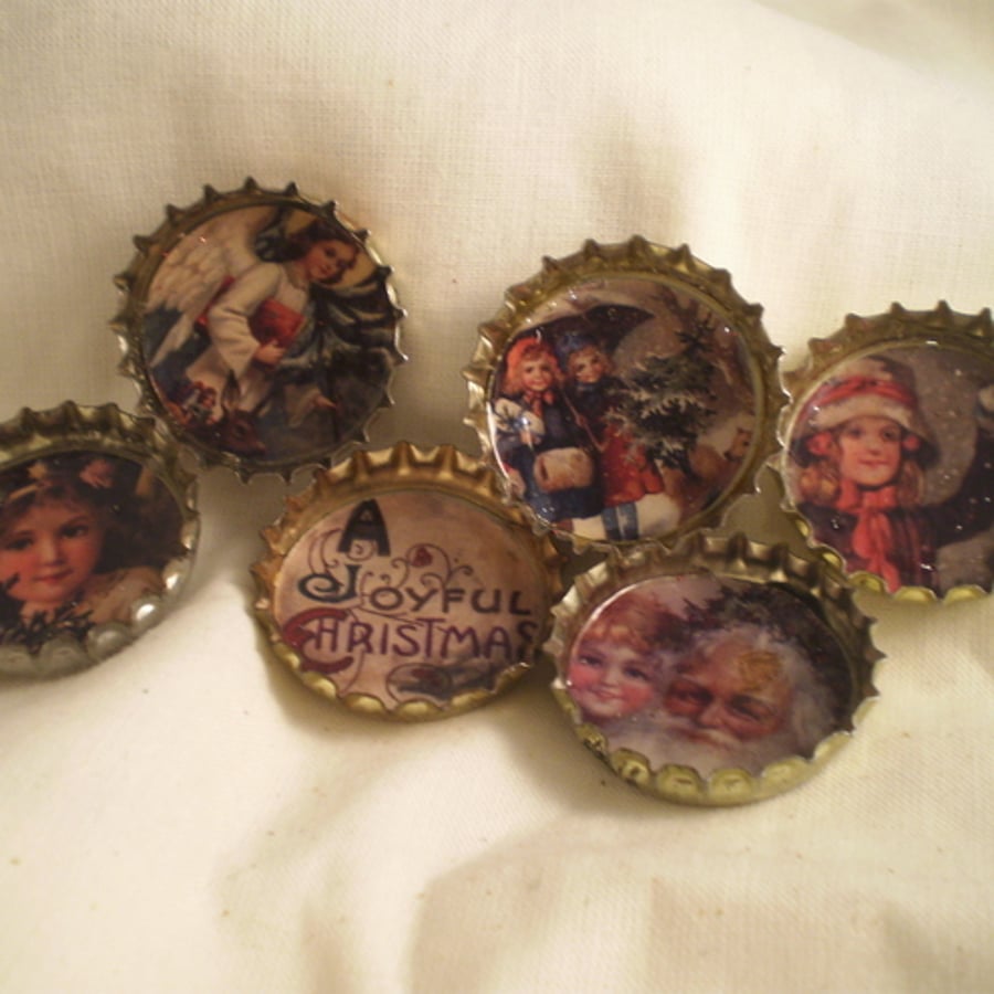 Vintage Christmas Bottle Top Magnets x 6
