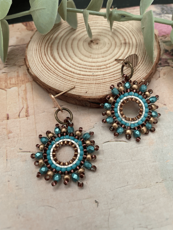 Turquoise and bronze beaded hoop dangle handmade earrings 
