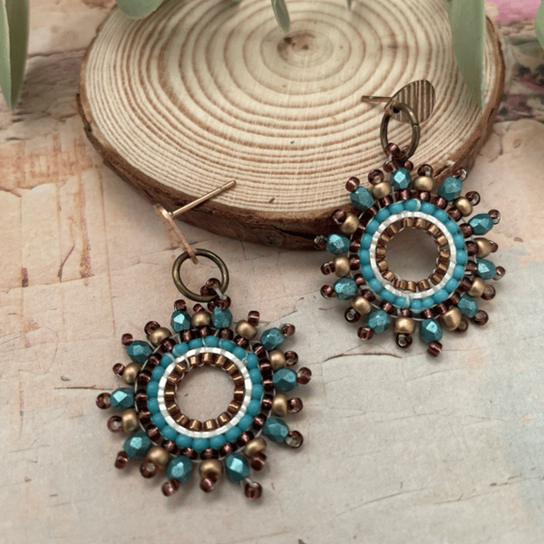 Turquoise and bronze beaded hoop dangle handmade earrings 
