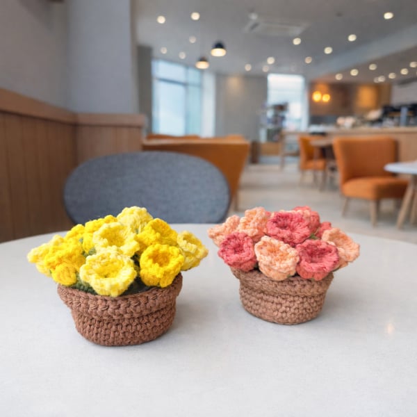 Crochet Flower Coaster with Pot – Spring Yellow Handmade Tea Coaster – Gift