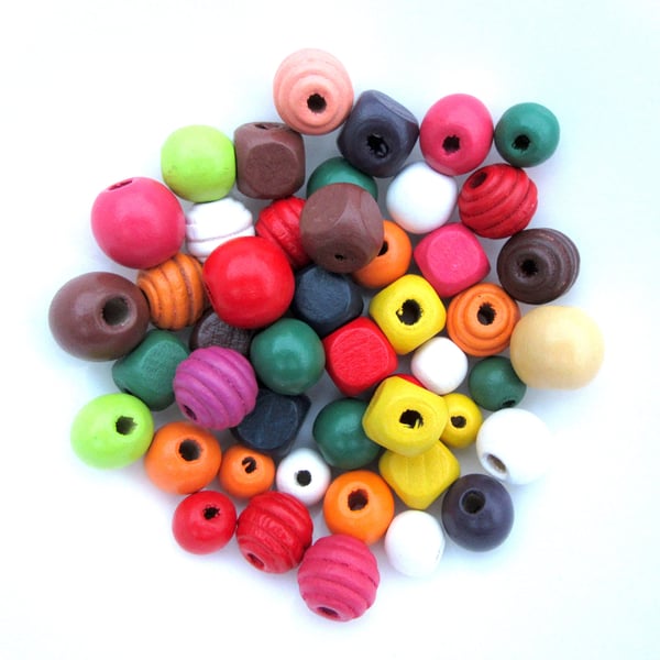 Mixed Multicoloured Wooden Beads 50g