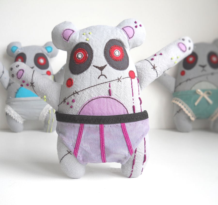 freemotion & hand embroidered zombie panda in silk knickers - purple