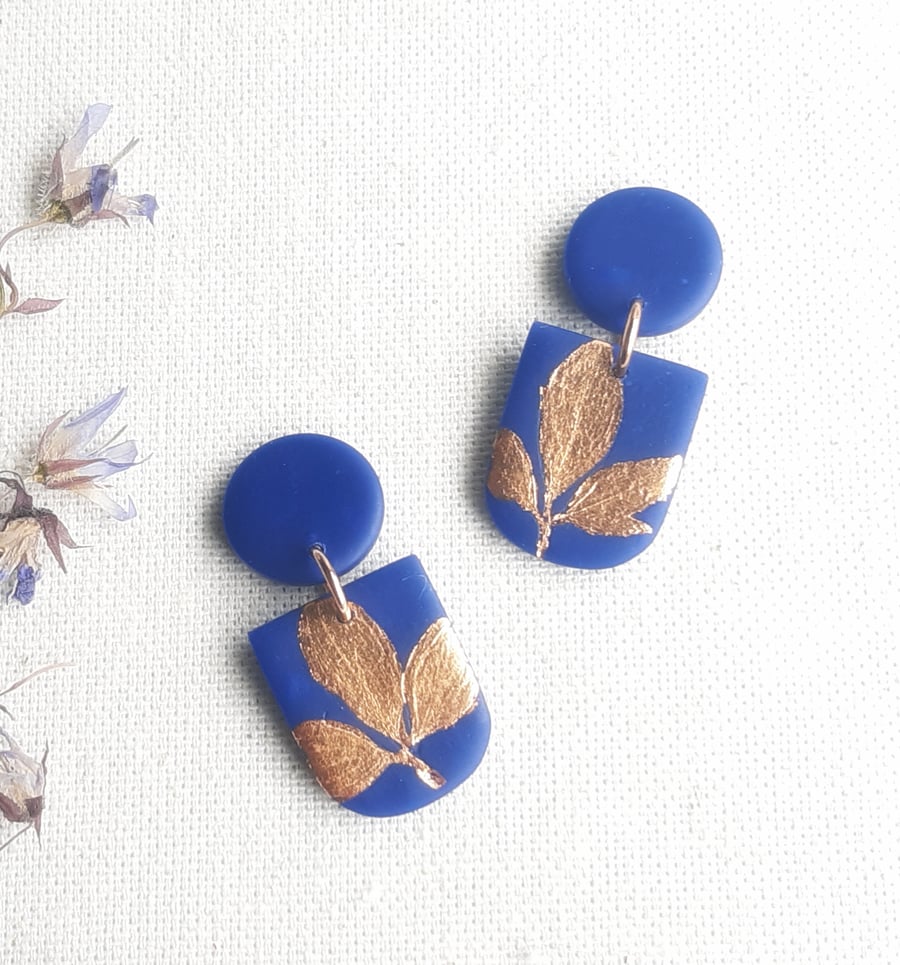 Imprinted leaf dangles, Blue earrings with copper leaf, Botanical jewellery