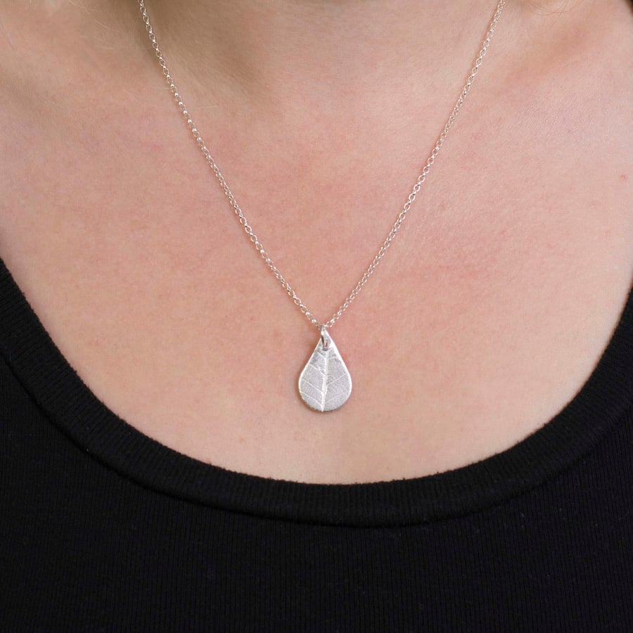 Fine Silver Teardrop Pendant with Leaf Pattern, Gift for her, nature lover