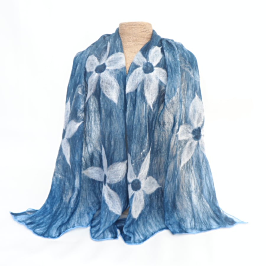 Deep blue nuno felted silk scarf with white floral detail