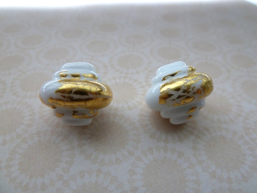 white and gold ornate pair lampwork glass beads