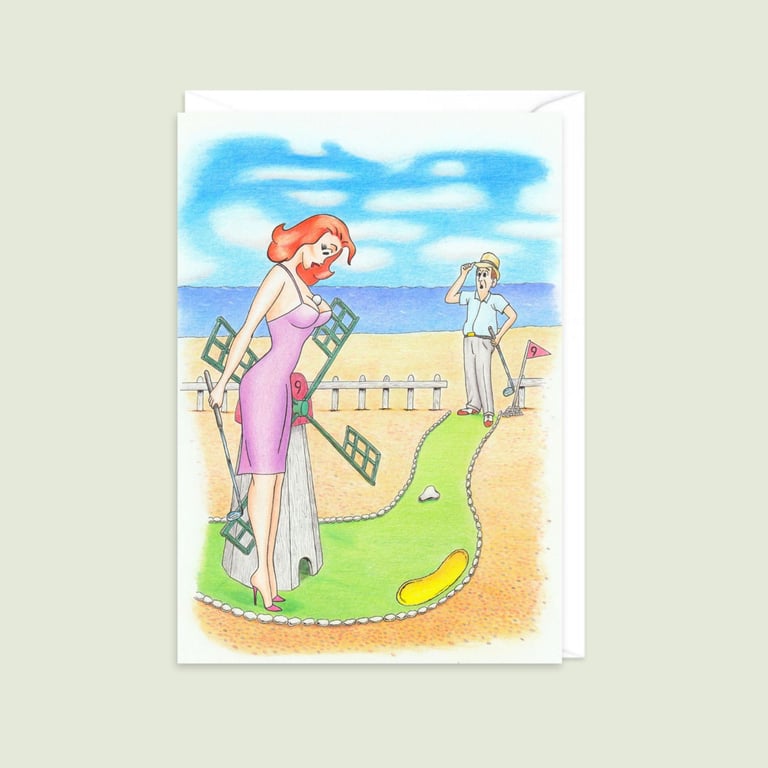 Crazy Golf Greeting Card: Seaside Postcard Style Pencil Illustration (805)