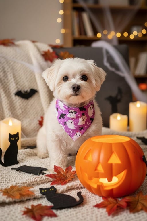 Halloween Dog Cat Bandana Purple Ghosts, No-Tie Scrunchie Style (Cotton)