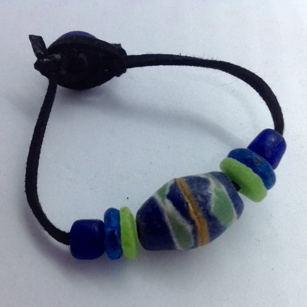 Blue adjustable unisex bead bracelet with African beads, Seconds Sunday
