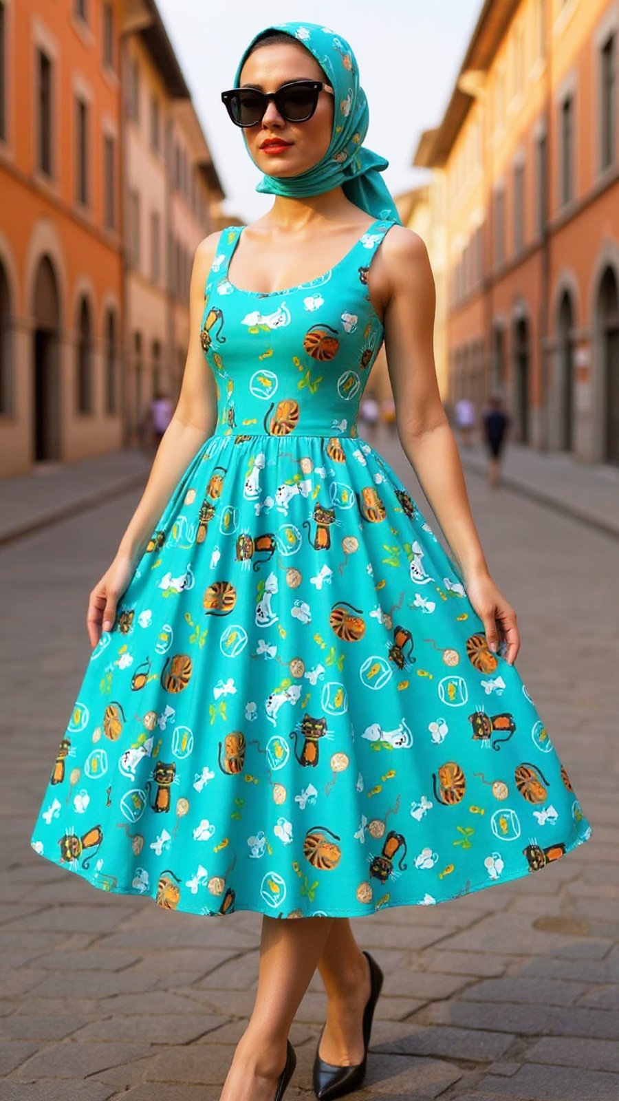 1950s Vintage Retro Rockabilly turquoise cat N Print dress sizes 14-26