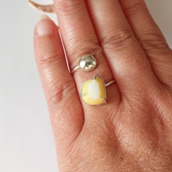 Recycled Sterling Silver Seaglass Adjustable Ring in Yellow Milk Seaglass