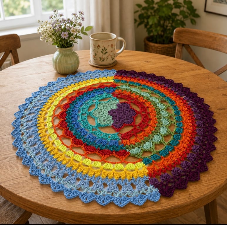 Rainbow Kaleidoscope – Large Handmade Crochet Table Centrepiece