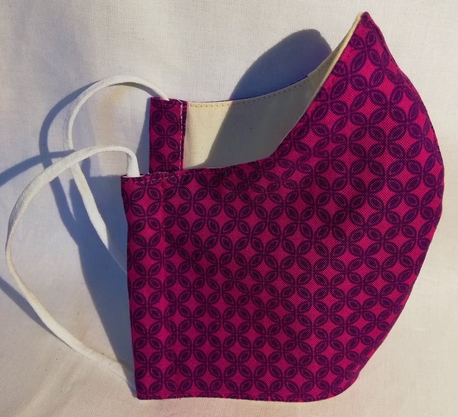 Face mask reusable triple layer 100% cotton dark pink with purple diamond