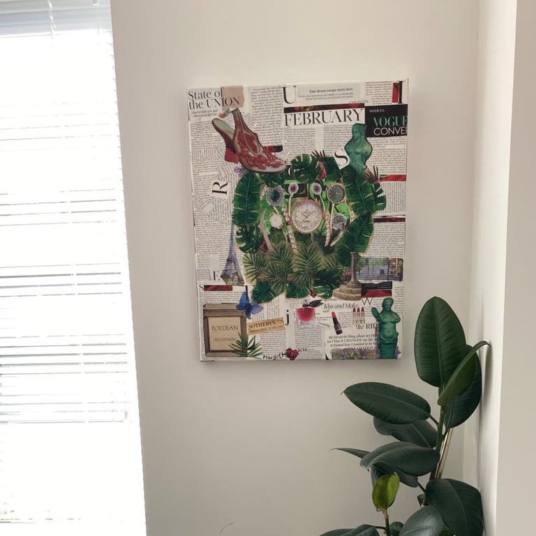 What is the Time Eclectic Collage Canvas Unique Art Work Watches Tropical Leaves