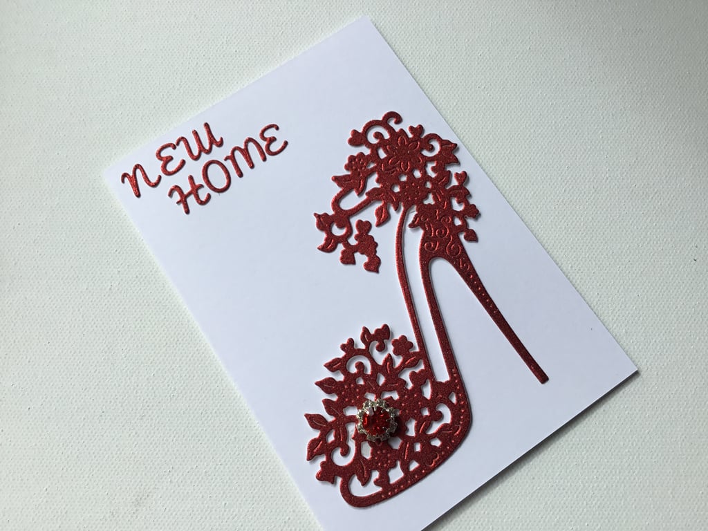 New home card. No place like home. Red shoe card. Card for moving home. Ref 037