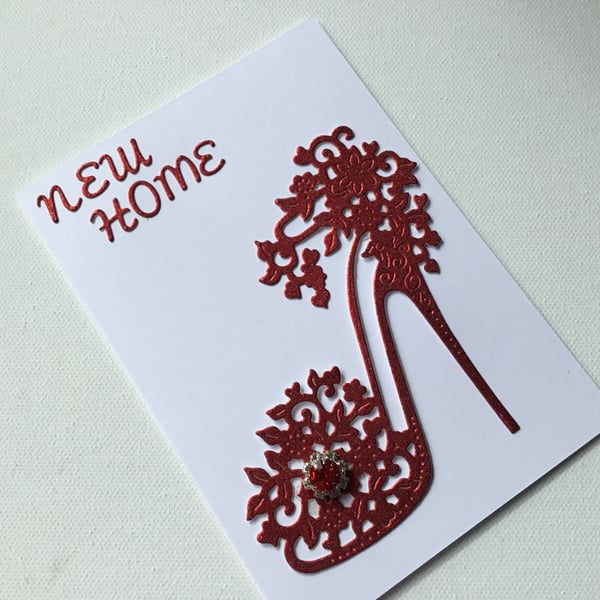 New home card. No place like home. Red shoe card. Card for moving home. CC632