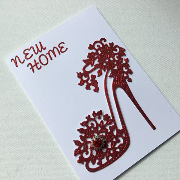 New home card. No place like home. Red shoe card. Card for moving home. Ref 037