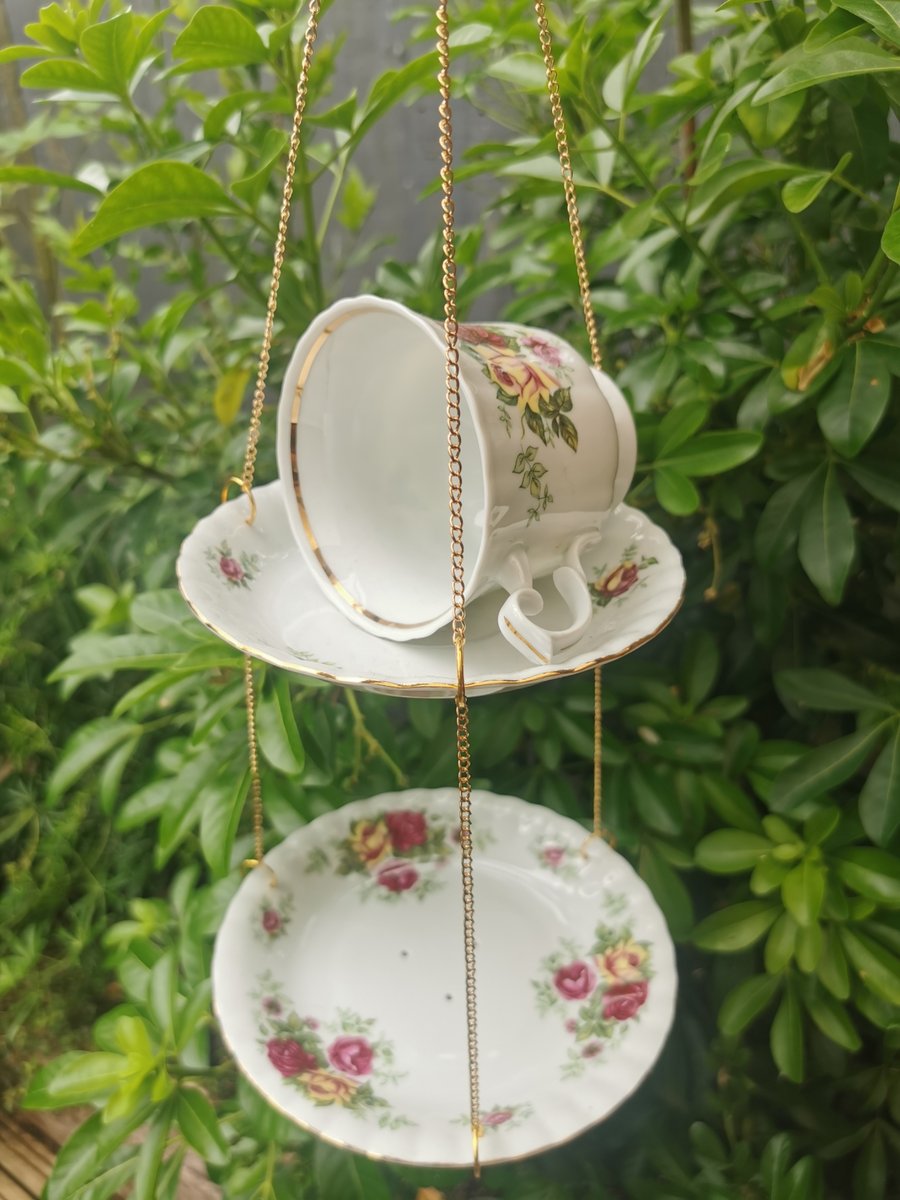 Double Tier Vintage Teacup Bird Feeder - Upcycled Bone China Hanging Bird Feeder