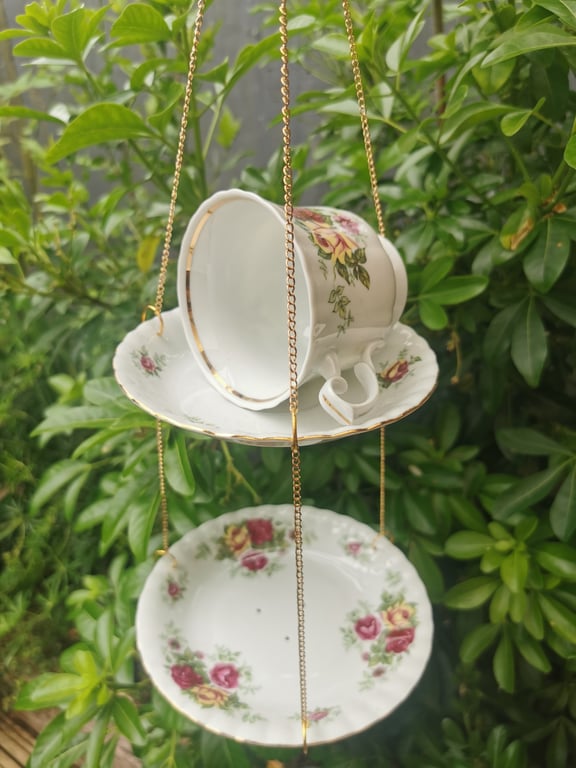 Double Tier Vintage Teacup Bird Feeder - Upcycled Bone China Hanging Bird Feeder