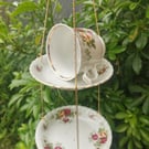 Double Tier Vintage Teacup Bird Feeder - Upcycled Bone China Hanging Bird Feeder