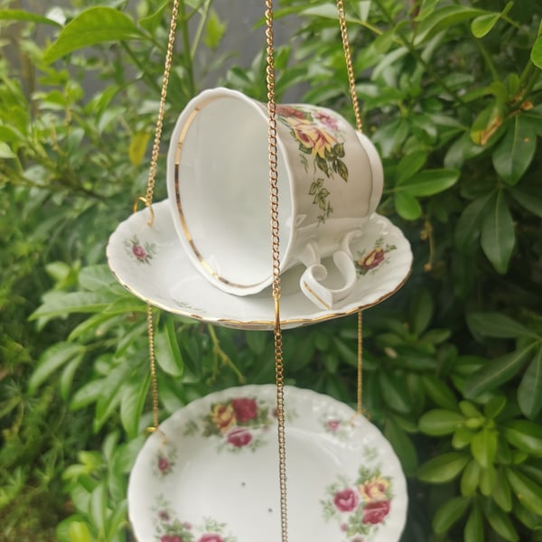 Double Tier Vintage Teacup Bird Feeder - Upcycled Bone China Hanging Bird Feeder