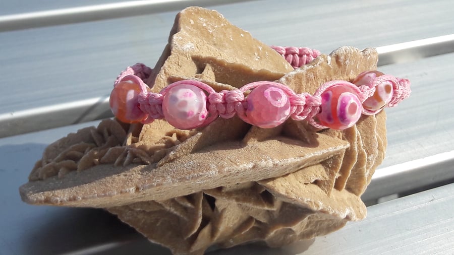 Pink Agate Footballs in Pink Waxed Cord Macrame Bracelet