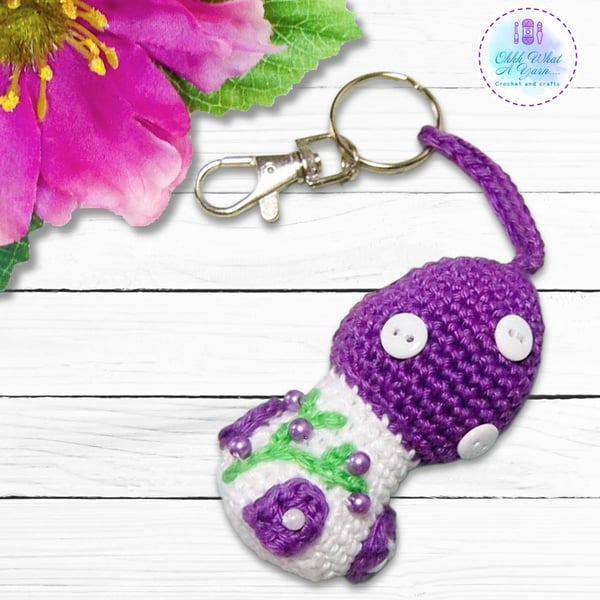 Crochet purple toadstool, mushroom fairy house decoration, bag charm 