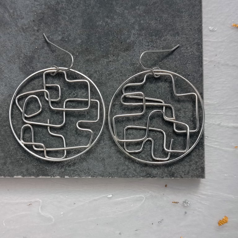 Recycled sterling silver shaped wire round drop earrings - unique wire jewellery