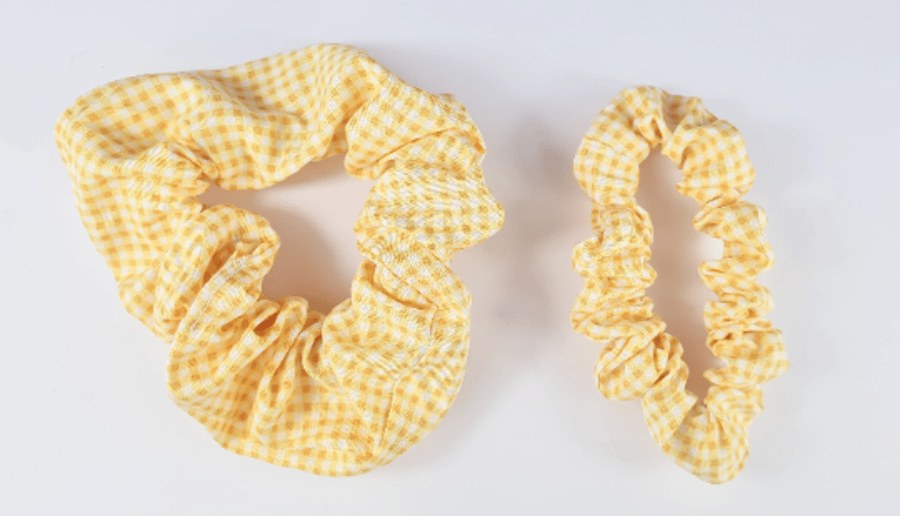 Yellow Gingham Scrunchie, XL Large Fluffy, Skinny Hair Tie, Girly Accessories