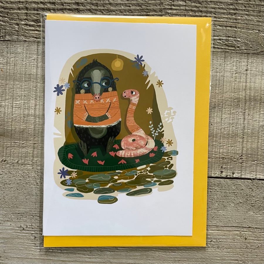 Blank Greetings Card, William Mole and Cecil Worm,Art Card, Autumnal Card