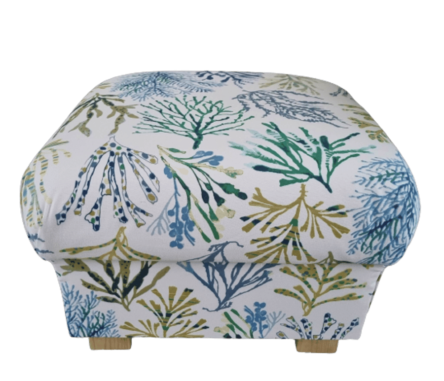 Prestigious Coral Seaweed Fabric Footstool Pouffe Footrest Blue Coastal