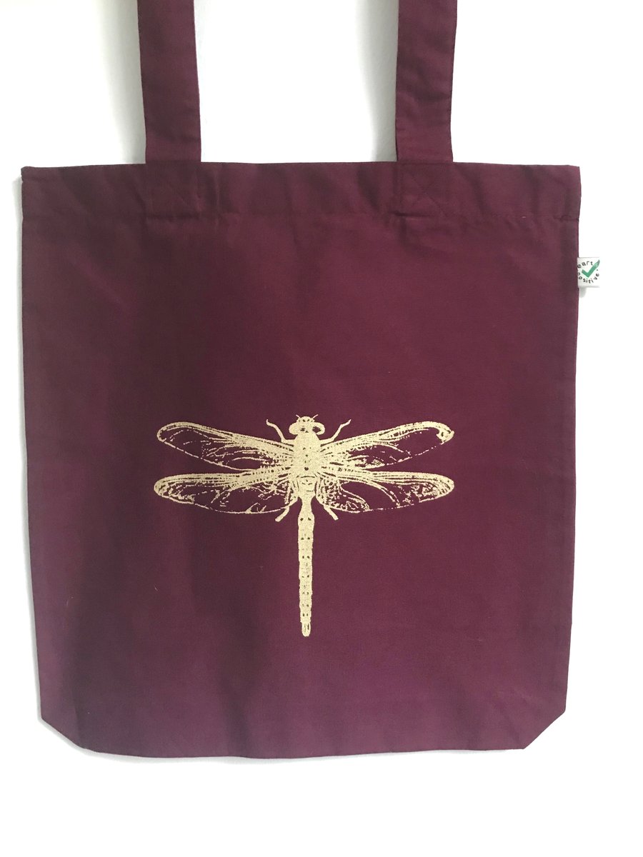 Dragonfly tote bag  organic cotton burgundy red with gold insect print