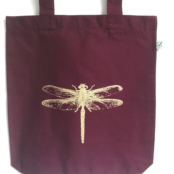 Dragonfly tote bag  organic cotton burgundy red with gold insect print