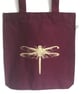 Dragonfly tote bag  organic cotton burgundy red with gold insect print - Image 1