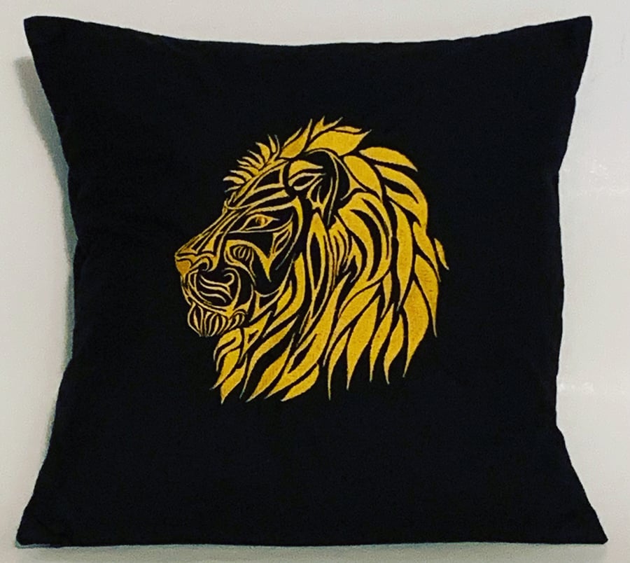 Lion Embroidered Cushion Cover BLACK 