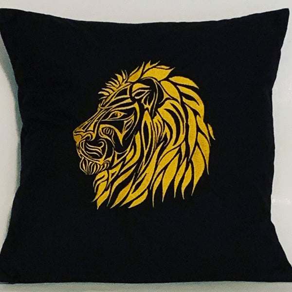 Lion Embroidered Cushion Cover BLACK 