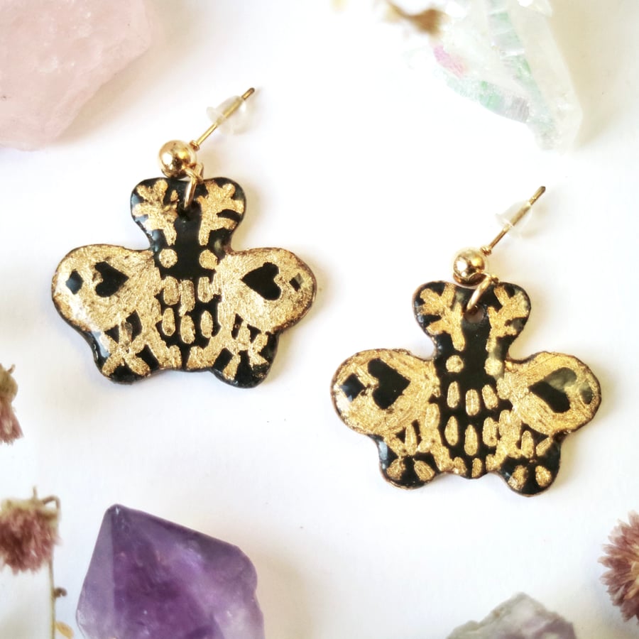 Moth Earrings Painted Black Gold Leaf Studs Kawaii Mori Fairy Kei